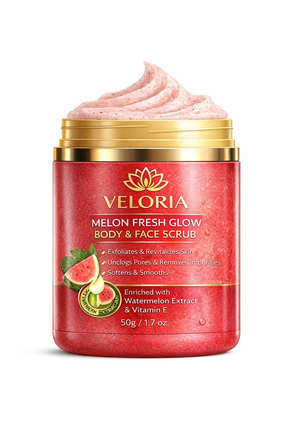Veloria Melon Fresh Glow Face & Body Scrub – Watermelon Vitamin E Brightening Exfoliator (50g)