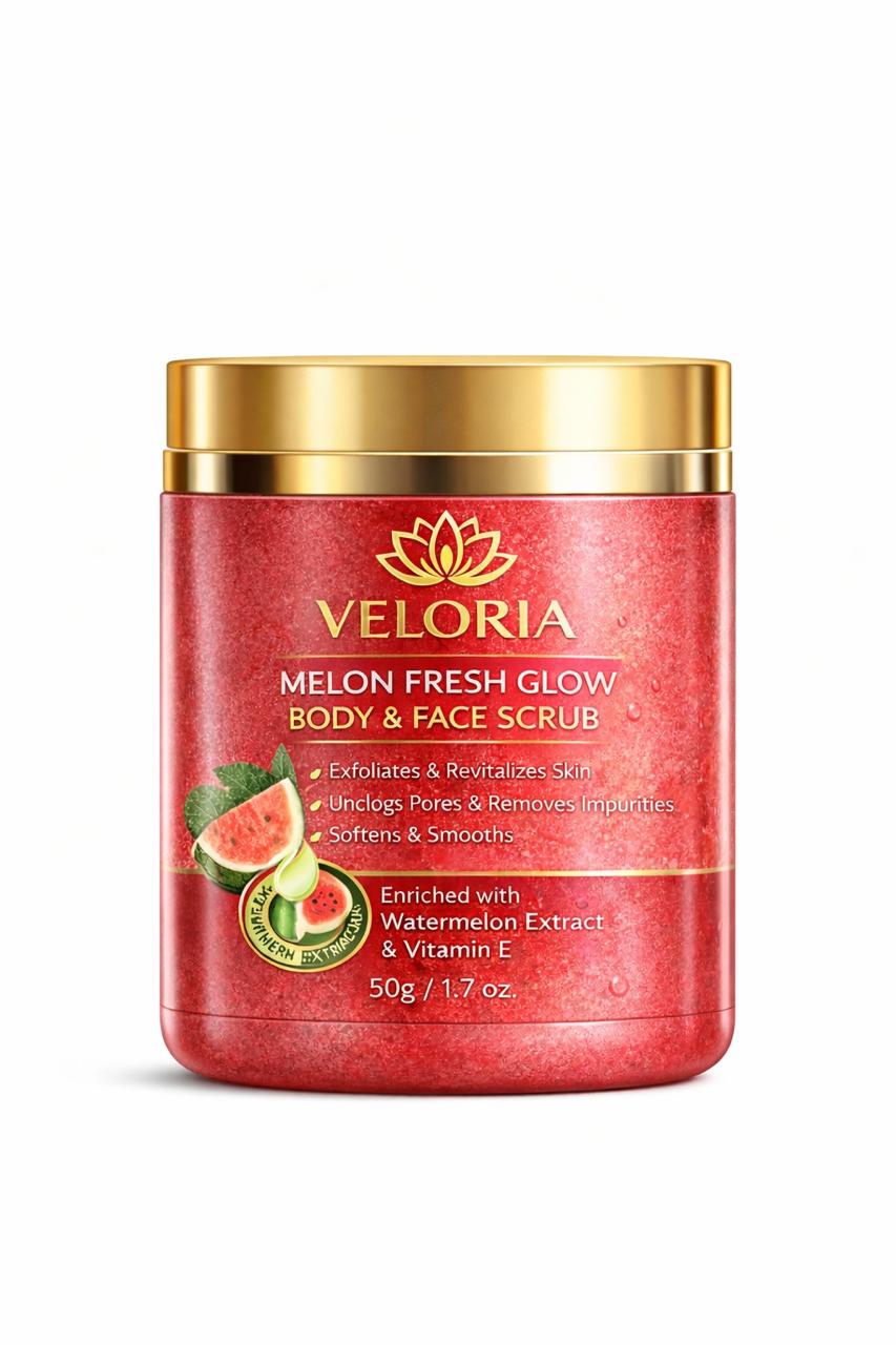 Veloria Melon Fresh Glow Face & Body Scrub – Watermelon Vitamin E Brightening Exfoliator (50g)